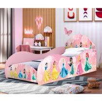 Conjunto Cama Solteiro Princesas com Proteção Lateral com Colchão Mdf - Rosa