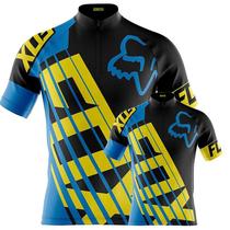 Conjunto Camisa Ciclismo Fox Azul Pai E Filho Esportiva Bike Uv Mtb