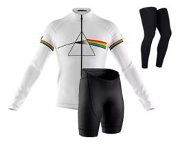 Conjunto Camisa Ciclismo Manga Longa Bermuda Gel Pernito Pink Floyd Branca