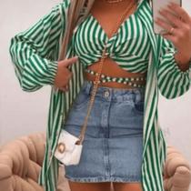 conjunto camisa e croped feminino kimono listrado conjunto camisa e croped feminino kimono listrado
