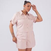 Conjunto camisa e short plus size strass gola polo bolso fem