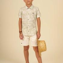 Conjunto Camisa em Tricoline Estampado e Bermuda em Sarja Listrada OK &amp Friends