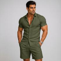 Conjunto Camisa Linho Manga Curta Masculina Bermuda Linho