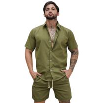 Conjunto Camisa Linho Masculino Linho botão Bermuda Linho