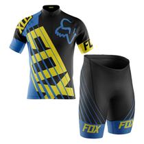 Conjunto Camisa Manga Curta E Bermuda Fox Azul Ciclismo Dry -