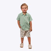 Conjunto Camisa Manga Curta Verde e Bermuda Off White Estampa Tropical Infantil Menino Vigat 3968