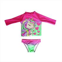 Conjunto camisa manga longa bloqueadora de raios uv E calcinha unicornio rosa 12-18M basic +