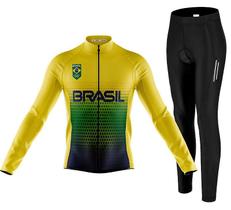 Conjunto Camisa Manga Longa Brasil Com Calça Ciclismo Espuma Refletivo - Conjunto Camisa Manga Longa Brasil Com Calça Ciclismo Espuma Refletivo -