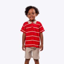 Conjunto Camisa Polo Vermelha Listras e Bermuda Sarja Bege Infantil Menino Vigat 3951