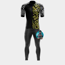 Conjunto Camisa Premium Masculina de Ciclismo Calça Gel Bolsos Ziper total Proteção Uv