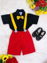 Conjunto Camisa Preta e Short Vermelha menino C/ Susp. Mickey luxo festa RO 3546PT