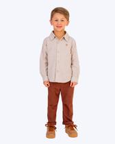 Conjunto Camisa Social Manga Longa Bege e Calça Sarja Marrom Infantil Masculino Vigat 3192