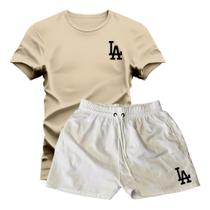 Conjunto Camiseta Algodão L.a 8 Cores + Short Linho Branco
