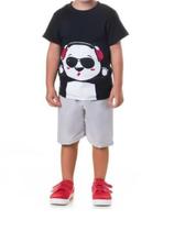 Conjunto Camiseta Azul Marinho desenho Panda e Short Cinza