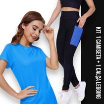 Conjunto camiseta Blusinha DRY FIT + Calça LEGGING BOLSOS Femininos Academia Fitness Furadinho 628 - Iron