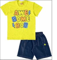 Conjunto Camiseta E Bermuda Cotton Jeans Menino Estampa Puff