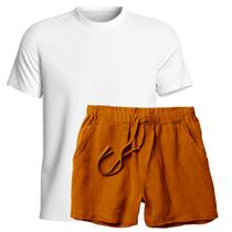 Conjunto Camiseta e Short Linho Premium Bermuda Masculina Moda Praia Luxo