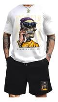 Conjunto camiseta e short moletinho estampa caveira celular novidade tendencia