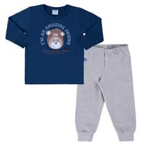 Conjunto camiseta malha azul marinho urso e calça moletom mescla Marlan