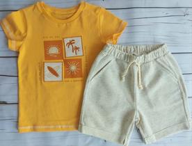 CONJUNTO CAMISETA MANGA CURTA EM MALHACOM ESTAMPA E BORDADO E BERMUDA LINHO NINI & BAMBINI Laranja