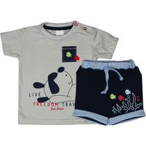 Conjunto Camiseta Meia Malha Manga Curta Estampa Freedom + Shorts Com Barra Estampa Peixes - Bicho Molhado