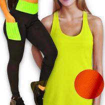 Conjunto Camiseta REGATA MALHA FRIA POLIAMIDA + Calça Leg BOLSO Legging Corrida Academia 542