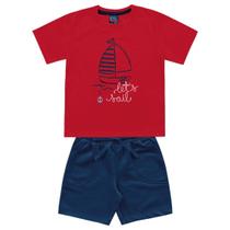 Conjunto camiseta vermelha barco e bermuda azul marinho Kiko e Kika