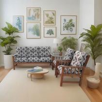 Conjunto Cancún Sofá 3 Lugares E Poltronas De Madeira Estofado Estampado Arabesco