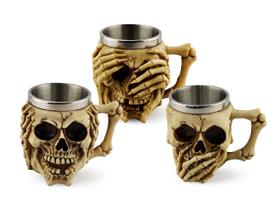 Conjunto Caneca Decorativa Caveira Não Fale Não Olhe Não Ouça Chopp 450ml Colecionável Metal e Resina