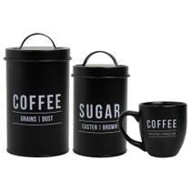 Conjunto Caneca Preta 300ml + Potes De Armazenagem Açúcar & Café Preto