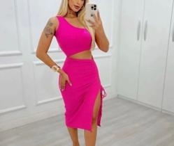 Conjunto Canelado Cor Rosa Saia Com Fenda Tamanho M