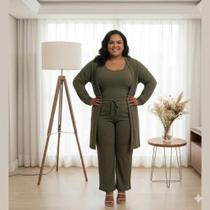 Conjunto Canelado Feminino 2 Peças Macacão e Cardigan Versátil Conjunto Canelado Feminino 2 Peças Macacão e Cardigan Versátil