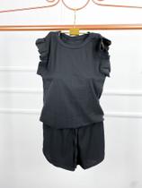 Conjunto canelado feminino short curto e blusa babado gola rasa moda clássica