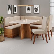 Conjunto Canto Alemão com Baú Mesa 120x77,8cm Tampo com Vidro e 2 Cadeiras Milão Mel/Off White/Bronze