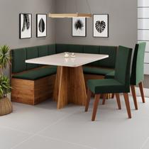 Conjunto Canto Alemão com Baú Mesa 120x77,8cm Tampo com Vidro e 2 Cadeiras Milão Mel/Off White/Verde