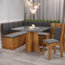 Conjunto Canto Alemão com Baú Trento Mesa Quadrada com Vidro 90x90 e 2 Cadeira Dallas em MDP/MDF Yescasa Cinza/Mel/Grafite