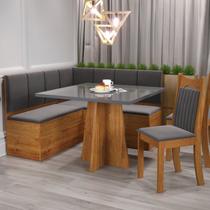 Conjunto Canto Alemão com Baú Trento Mesa Quadrada com Vidro 90x90 e 2 Cadeira Dallas em MDP/MDF Yescasa