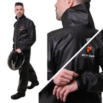 Conjunto Capa de Chuva Motoqueiro PVC Gola Alta Masculino Preto Tamanho G Pioneira Impermeável e Resistente