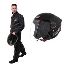 Conjunto Capa de chuva Motoqueiro Tamanho G PVC 0,28mm Com Gola Masculino Preto Pioneira Capacete 60 Pro Tork Conjunto Capa de chuva Motoqueiro Tamanho G PVC 0,28mm Com Gola Masculino Preto Pioneira Capacete 60 Pro Tork