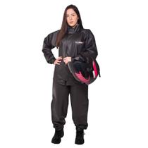 Conjunto Capa de Chuva Pvc Combate c/ Capuz Feminina Preto Refletiva Resistente Zíper Pioneira