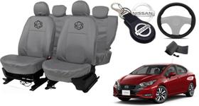 Conjunto Capa de Volante + Couro Cinza + Chaveiro Versa