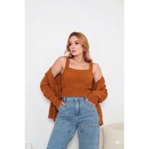 Conjunto casaco cardigan e regata feminina em tricot elegante e sofisticado moda outono inverno Conjunto casaco cardigan e regata feminina em tricot elegante e sofisticado moda outono inverno