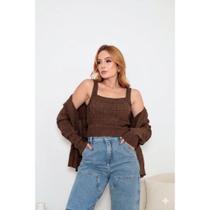 Conjunto casaco cardigan e regata feminina em tricot elegante e sofisticado moda outono inverno Conjunto casaco cardigan e regata feminina em tricot elegante e sofisticado moda outono inverno
