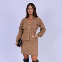 Conjunto Casaco Com Saia Tricot Premium Modal Confortável Casual Chic