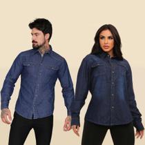 Conjunto Casal Camisa Jeans Feminina/Masculina Manga Longa Social Executivo