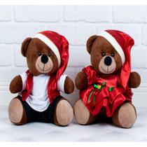 CONJUNTO CASAL DE URSOS TEDDE NATAL 15cm COLETE E VESTIDO PETIT PADRÃO