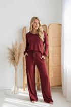 Conjunto Casual Confy Calça Soltinha e Blusa Manga Longa Cor:VinhoTamanho:P