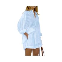 Conjunto Casual De Verão Feminino Em Jacquard De Cor Sólida, Elegante Camisa E Shorts