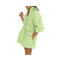 Conjunto Casual De Verão Para Mulheres Em Jacquard De Cor Sólida, Camisa Elegante E Shorts