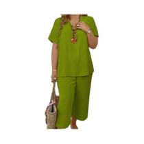 Conjunto Casual Elegante Para Mulheres plus Size, Blusa De Manga Curta E Calças De Perna Larga Em Conjunto Casual Elegante Para Mulheres plus Size, Blusa De Manga Curta E Calças De Perna Larga Em